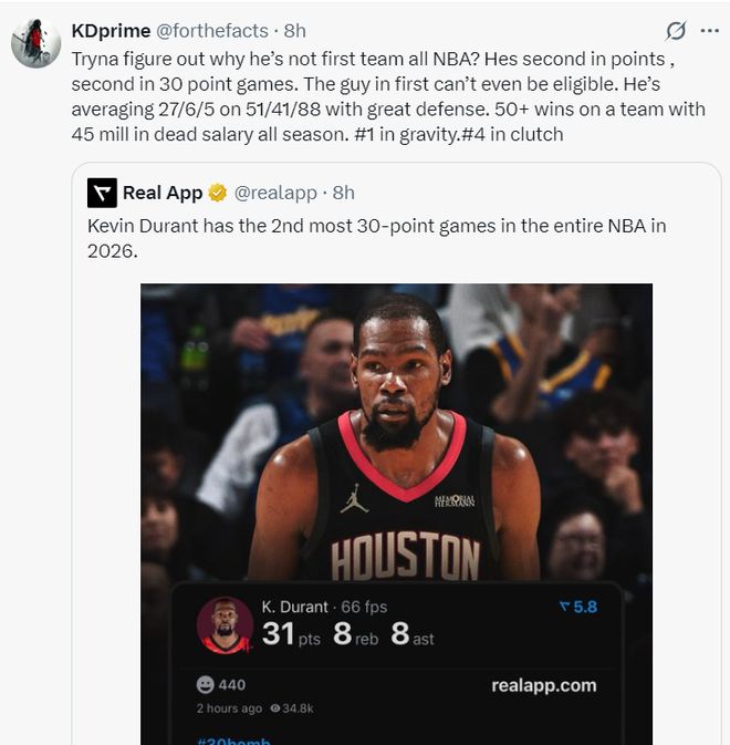 杜兰特37岁仍显神威 带领火箭冲击西部前三